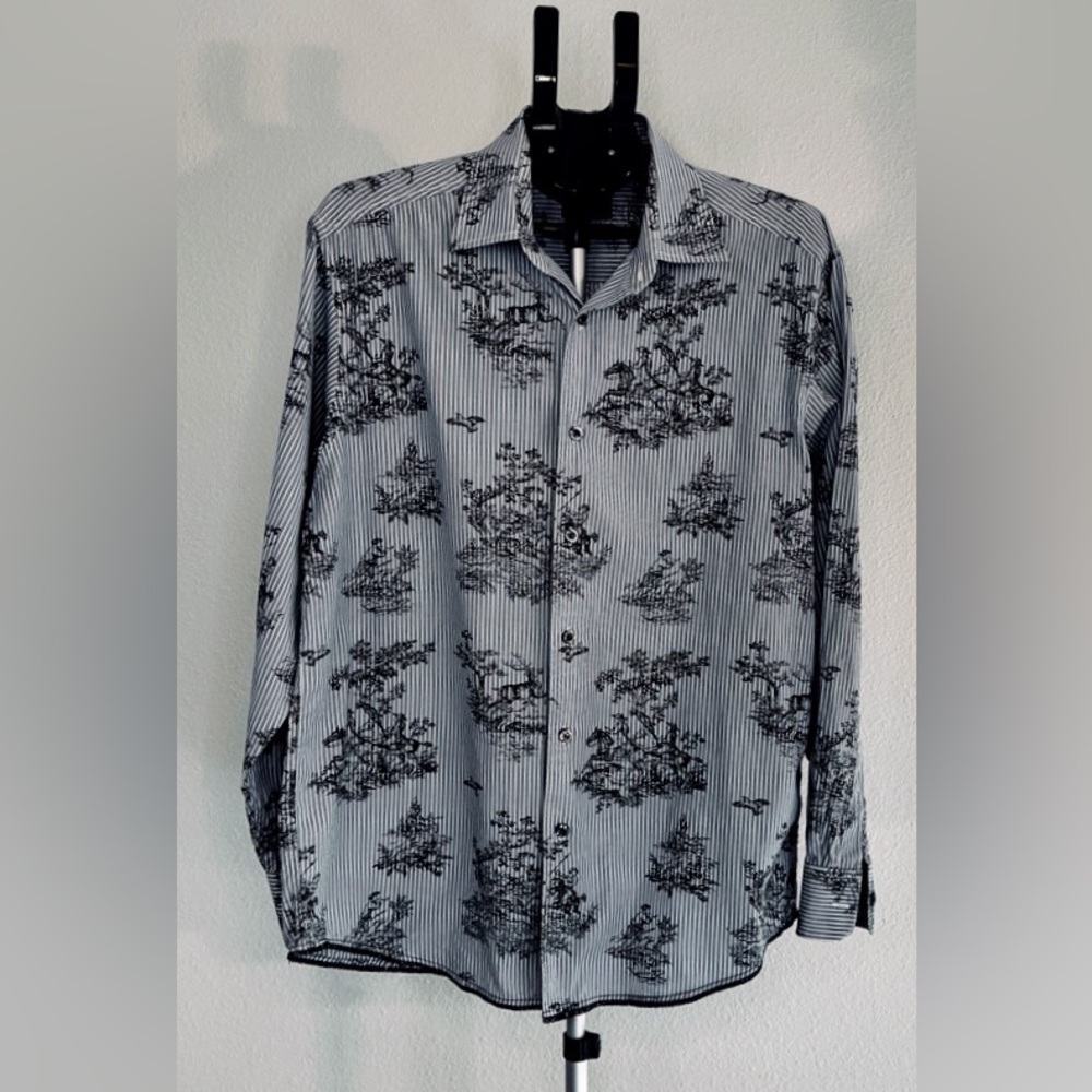 Indigo Palms Men’s Button Up Shirt Toile Equestrian Horse Print Stripe Cotton